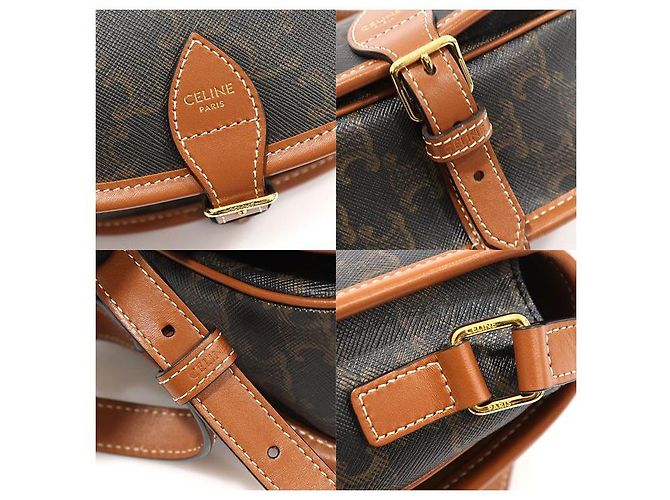 Céline Borsa a tracolla Polco media in tela e pelle di vitello tan Triomphe Marrone - vista 7