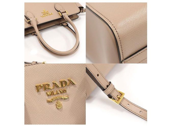 Prada Logo in lettere dorate in pelle di vitello morbida Saffiano beige Marrone - vista 6