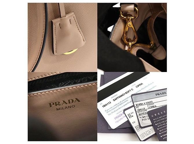 Prada Logo in lettere dorate in pelle di vitello morbida Saffiano beige Marrone - vista 7