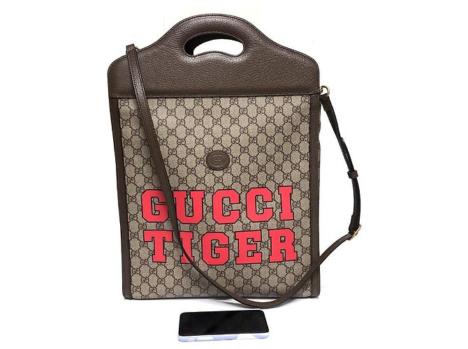Gucci Tiger Print Two-Web Stripe Tote Bag Brown - view 13