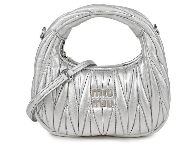 Miu Miu Borsa hobo mini in pelle Napa Argento - vista 3
