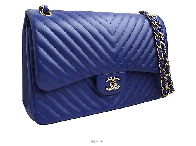 Chanel Borsa a spalla in pelle di agnello blu reale con doppio flap - Serie Chevron - vista 2
