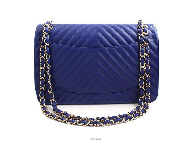 Chanel Borsa a spalla in pelle di agnello blu reale con doppio flap - Serie Chevron - vista 3
