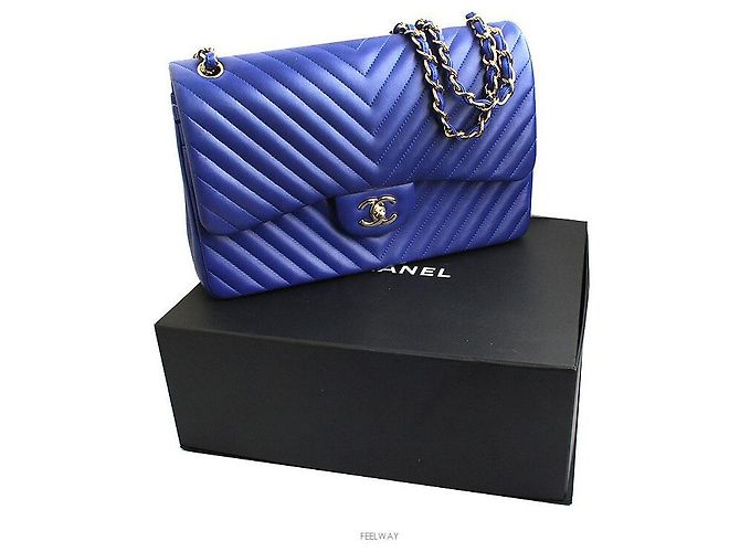 Chanel Borsa a spalla in pelle di agnello blu reale con doppio flap - Serie Chevron - vista 7
