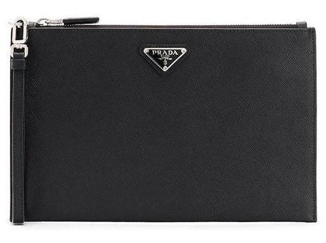 Prada Borsa Clutch Triangolo Logo Saffiano Nera Nero - vista 3