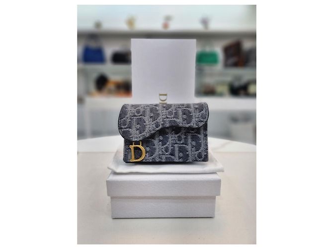 Dior Portacarte da donna in denim grigio Oblique Saddle Bloom - vista 2