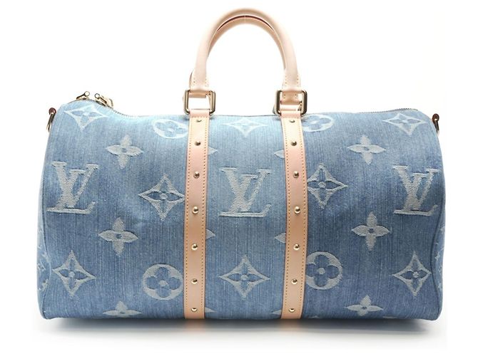 Sac Boston Keepall Bandoulière 45 en denim Monogram Louis Vuitton Bleu Marine - vue 3