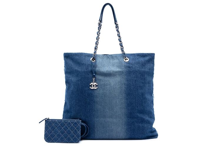 Chanel Blaue bedruckte Denim-Einkaufstasche - Ansicht 8