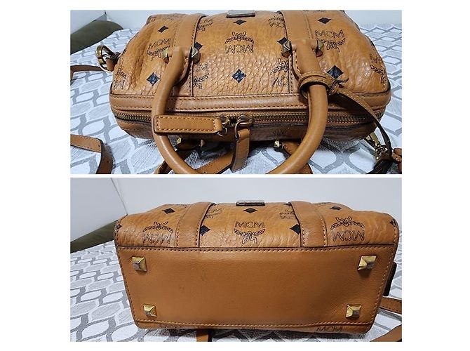 Borsa Boston in pelle Visetos Signature MCM Cognac - vista 5