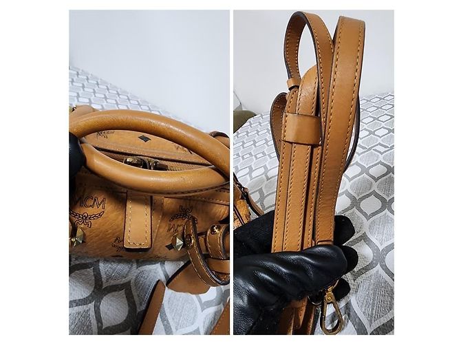 Borsa Boston in pelle Visetos Signature MCM Cognac - vista 6