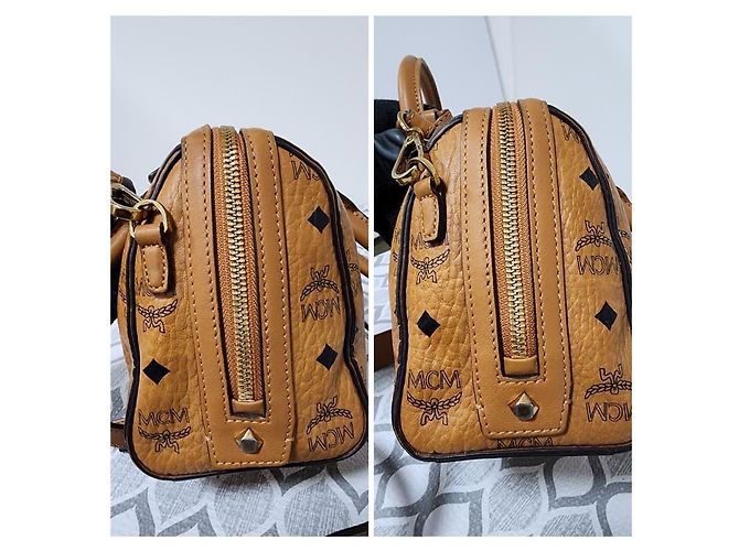 Borsa Boston in pelle Visetos Signature MCM Cognac - vista 7