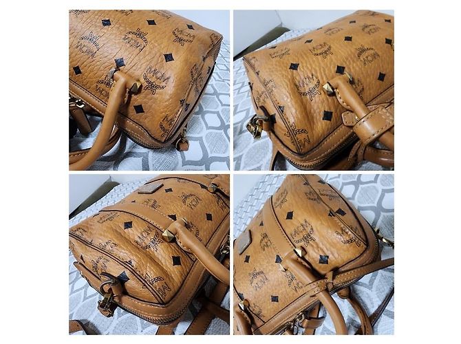 Borsa Boston in pelle Visetos Signature MCM Cognac - vista 8