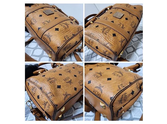 Borsa Boston in pelle Visetos Signature MCM Cognac - vista 9