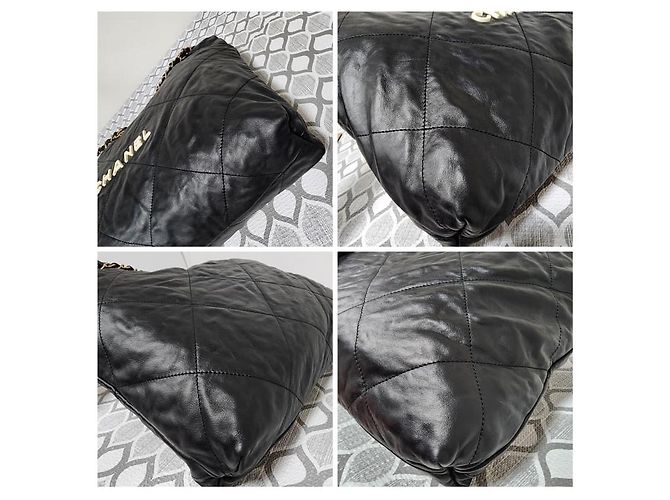 CHANEL Borsa Hobo 22 in pelle di vitello trapuntata lucida nera Nero - vista 13