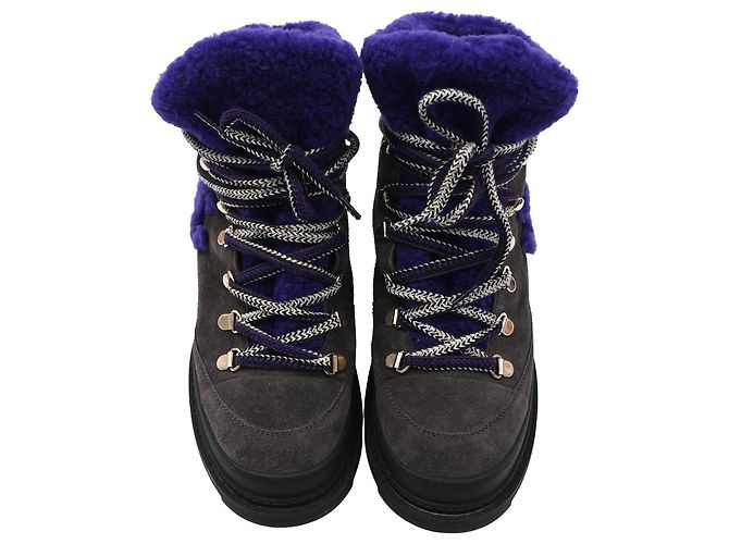 Stivali in shearling con lacci Chanel CC in suede grigio - vista 5