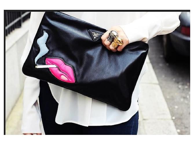 Borsa Clutch Prada Nappa Lips Nero Rosa - vista 2