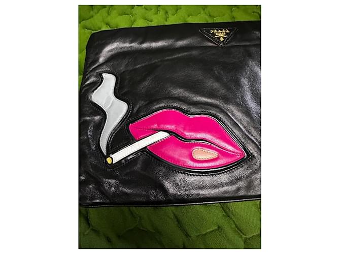 Borsa Clutch Prada Nappa Lips Nero Rosa - vista 3