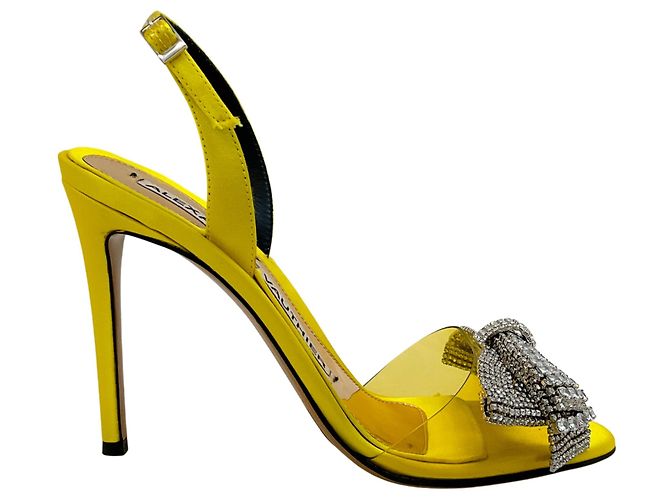 Sandali con tacco in satin giallo Alexandre Vauthier con fiocco decorato con cristalli - vista 2