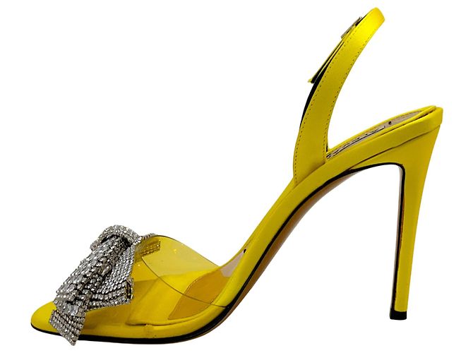 Sandali con tacco in satin giallo Alexandre Vauthier con fiocco decorato con cristalli - vista 3
