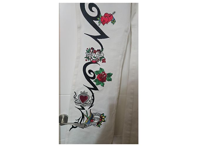 Jeans acampanados bordados Escada Ibiza Hippy Tattoo Negro Blanco Roja Verde - vista 11