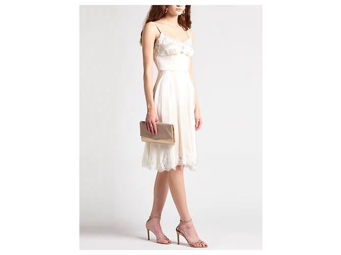 Dolce & Gabbana Abito Midi in Seta e Pizzo Chantilly Avorio - vista 11