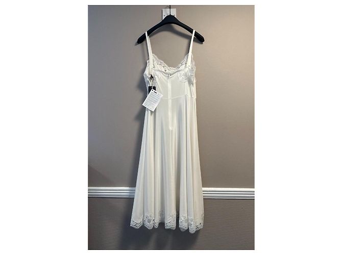 Dolce & Gabbana Abito Midi in Seta e Pizzo Chantilly Avorio - vista 13