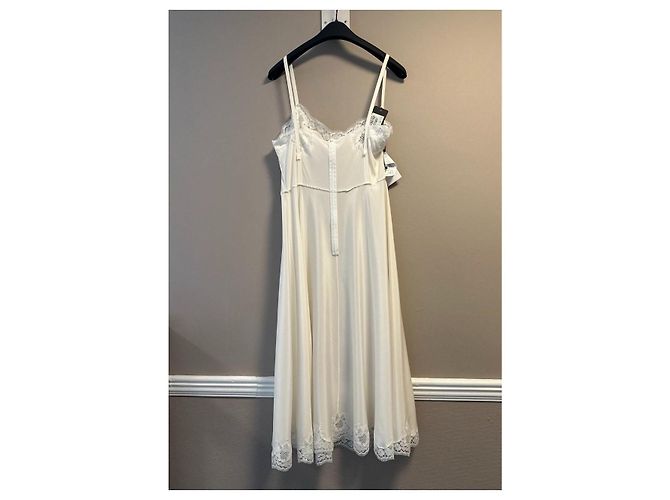Dolce & Gabbana Abito Midi in Seta e Pizzo Chantilly Avorio - vista 15