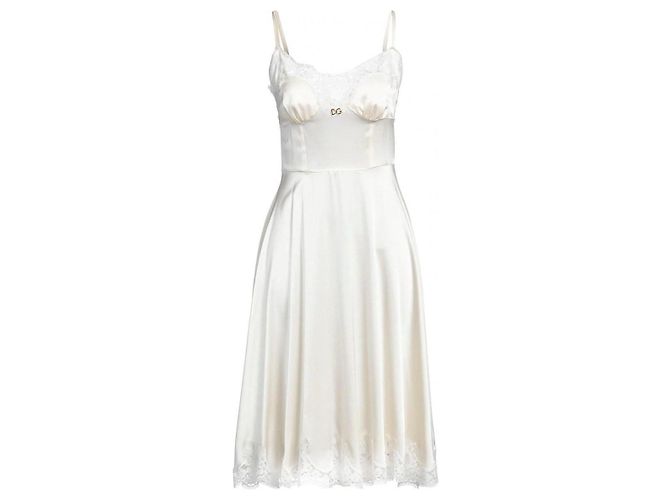 Dolce & Gabbana Abito Midi in Seta e Pizzo Chantilly Avorio - vista 2