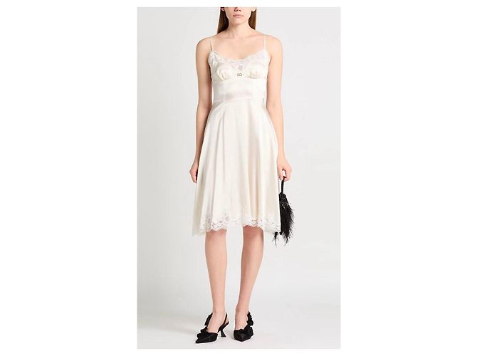 Dolce & Gabbana Abito Midi in Seta e Pizzo Chantilly Avorio - vista 5