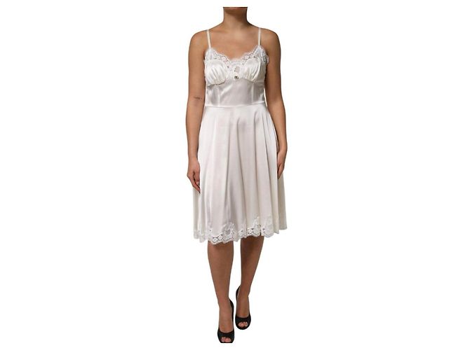 Dolce & Gabbana Abito Midi in Seta e Pizzo Chantilly Avorio - vista 7