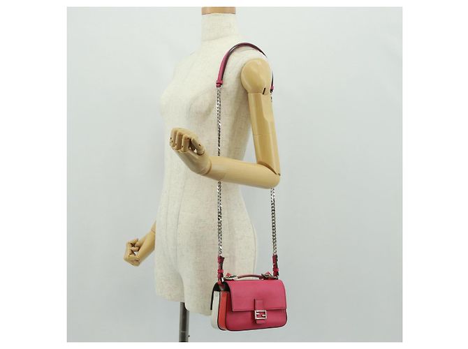 Borsa a spalla FENDI Chain Double Micro Baguette in pelle rosa argento Auth bs32459V - vista 26