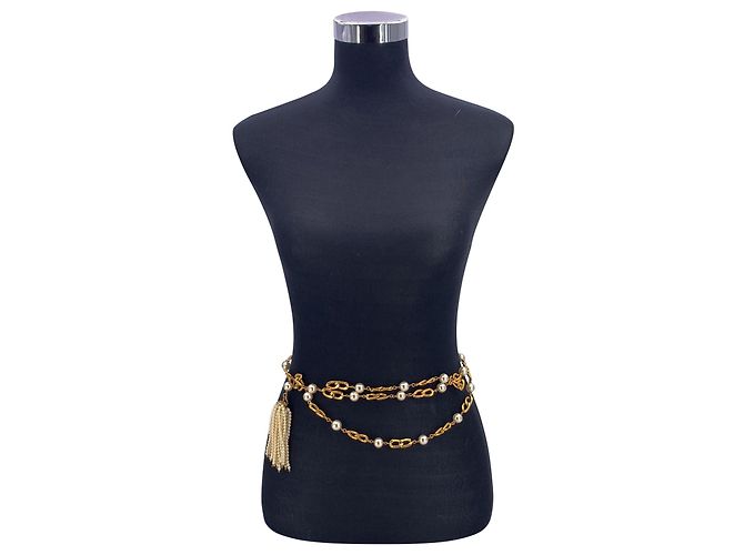 Timeless Chanel Vintage Gold- und Kunstperlen-Fransen-Halskette oder Gürtel Weiß - Ansicht 4