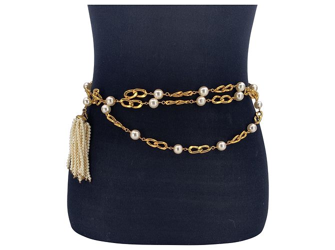 Timeless Chanel Vintage Gold- und Kunstperlen-Fransen-Halskette oder Gürtel Weiß - Ansicht 5