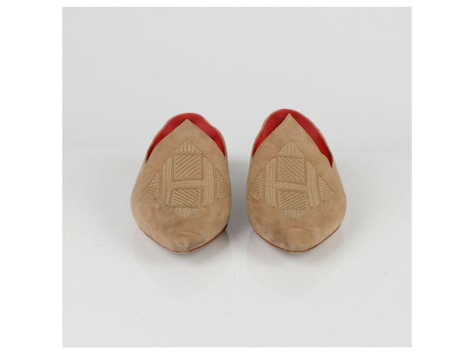 Hermès Scarpe flat babouche ricamate con logo Marrone - vista 6