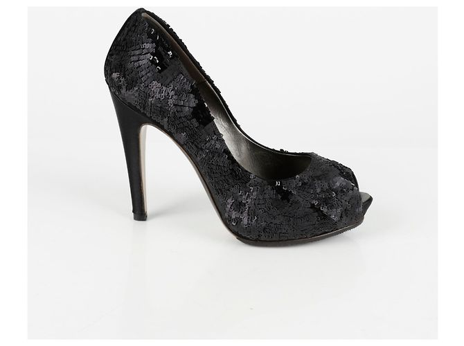 Salvatore Ferragamo Size Sequin Open Toe Pumps Black - view 2