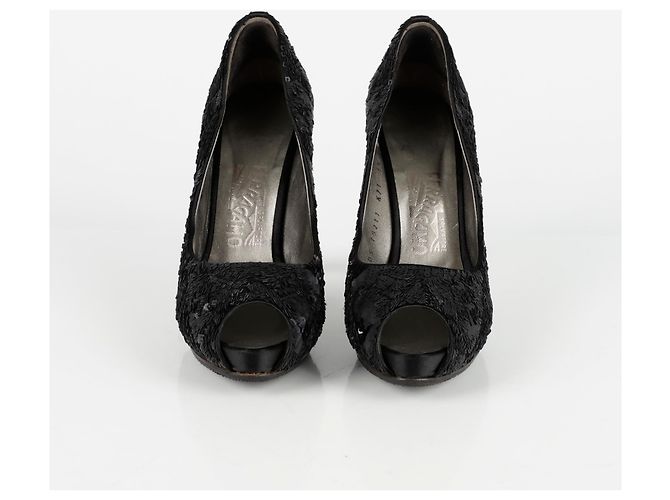 Salvatore Ferragamo Size Sequin Open Toe Pumps Black - view 6