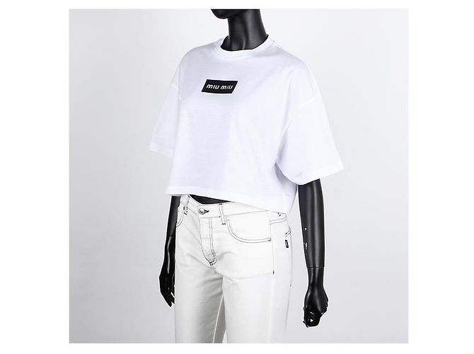 Miu Miu Kurzärmeliges, glitzerndes Logo-Cropped-T-Shirt Weiß - Ansicht 10