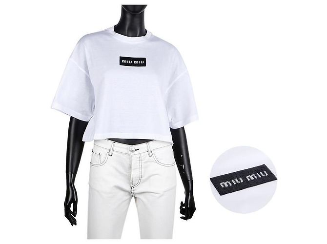 Miu Miu Kurzärmeliges, glitzerndes Logo-Cropped-T-Shirt Weiß - Ansicht 9