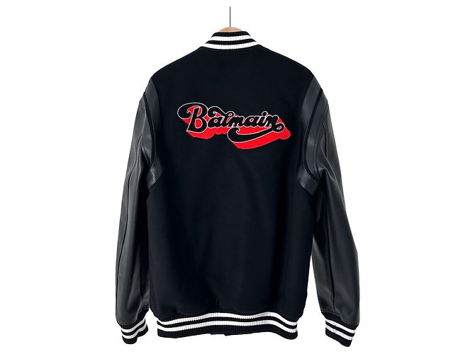 Balmain Giacca Blouson Varsity in Lana e Pelle per Uomo Nero - vista 3
