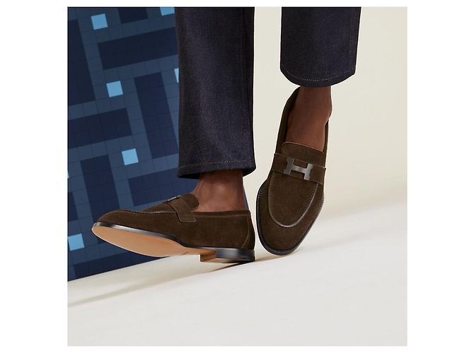 Hermès Mocassino Honor Paris Fibbia Camoscio Marrone Argento - vista 10