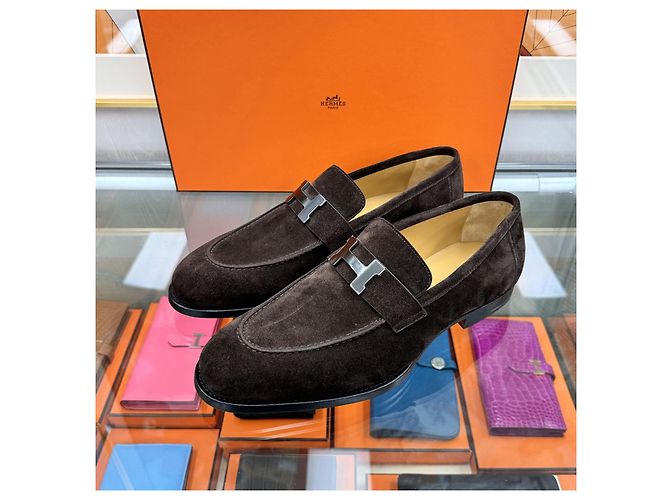 Hermès Mocassino Honor Paris Fibbia Camoscio Marrone Argento - vista 2