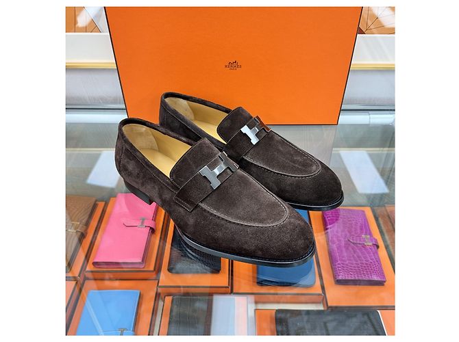Hermès Mocassino Honor Paris Fibbia Camoscio Marrone Argento - vista 3
