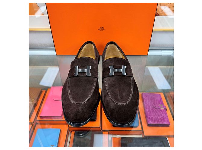 Hermès Mocassino Honor Paris Fibbia Camoscio Marrone Argento - vista 4