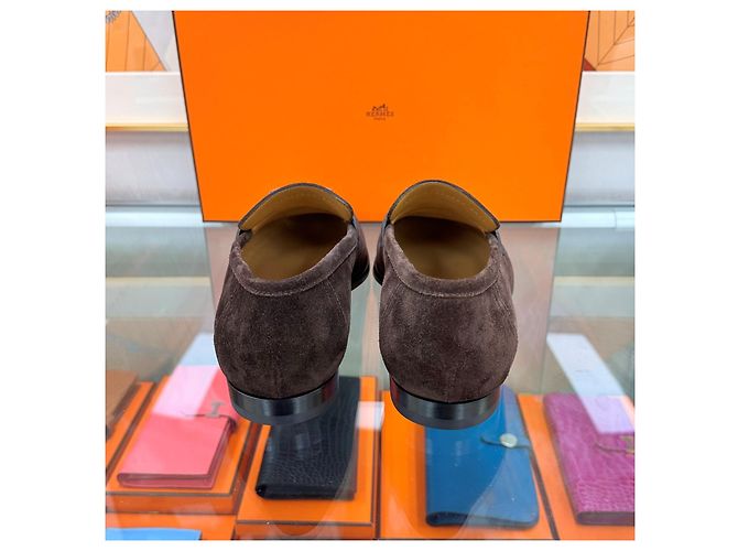 Hermès Mocassino Honor Paris Fibbia Camoscio Marrone Argento - vista 5