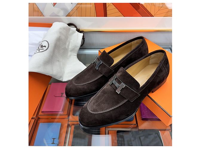 Hermès Mocassino Honor Paris Fibbia Camoscio Marrone Argento - vista 6