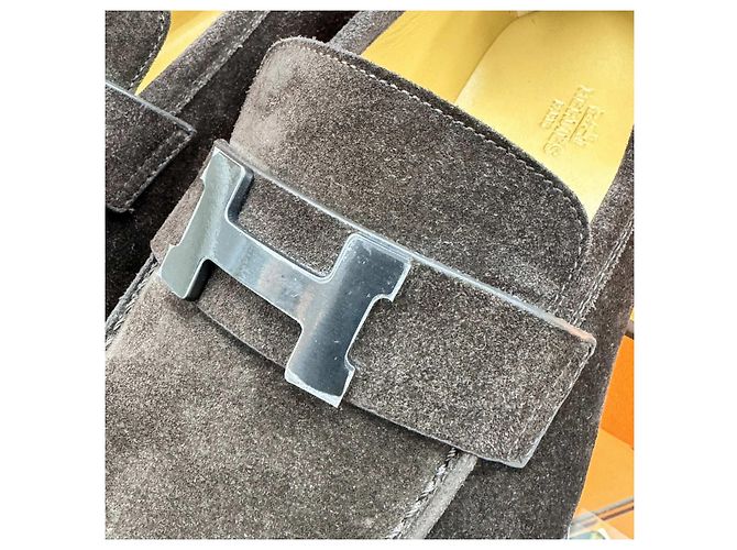 Hermès Mocassino Honor Paris Fibbia Camoscio Marrone Argento - vista 7
