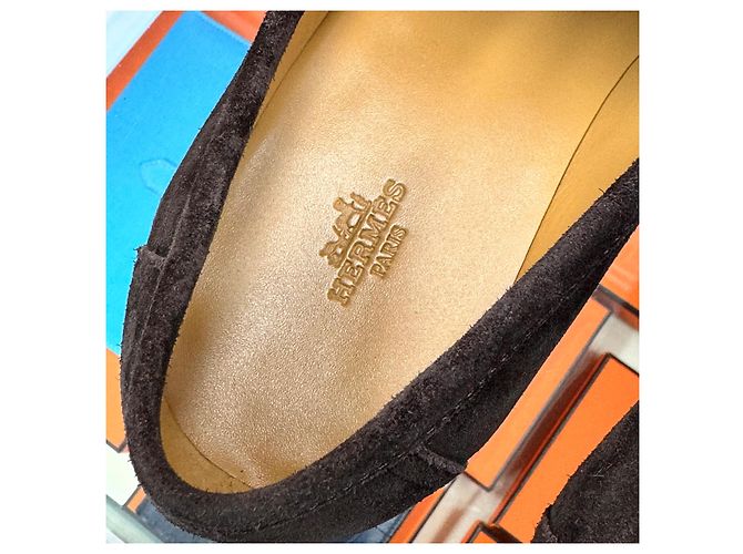 Hermès Mocassino Honor Paris Fibbia Camoscio Marrone Argento - vista 8