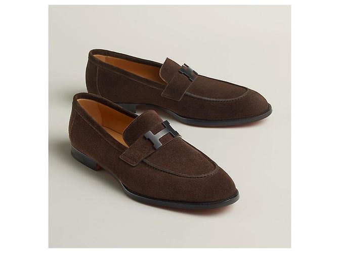Hermès Mocassino Honor Paris Fibbia Camoscio Marrone Argento - vista 9