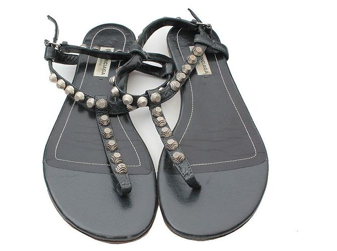 Balenciaga Sandali T-Strap Rockstud in pelle grigio carbone Nero - vista 2