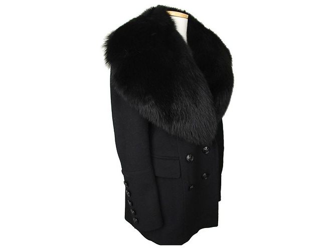 Burberry Black Wool Cashmere Double Button Fox Fur Collar Coat - view 2